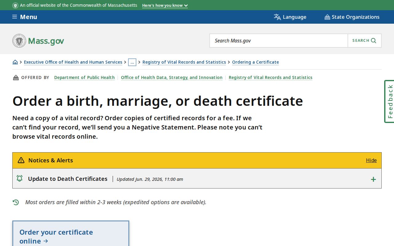 Needham resident records statewide vital record ordering