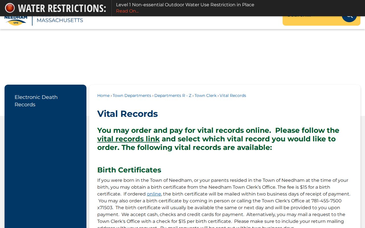 Needham resident records local vital record ordering page