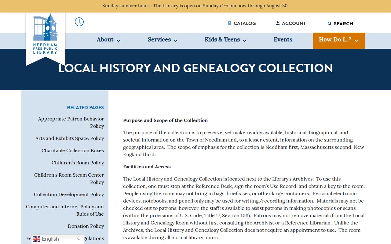 Needham previous residents local history collection access policy
